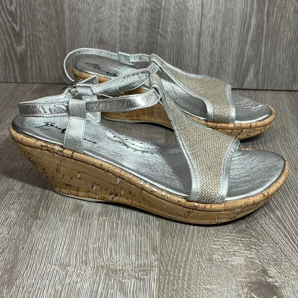 Born Crown Leather Silver Cork Wedge Burlap T-Strap Slingback Sandal 8